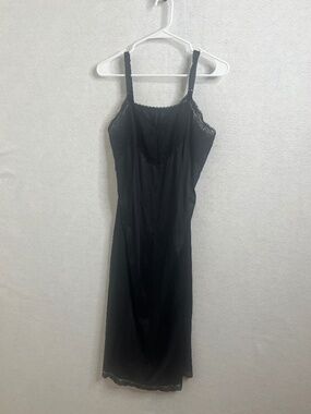 Vintage Black Lace Trim Slip Dress Satin Nightgown Adjustable Straps
